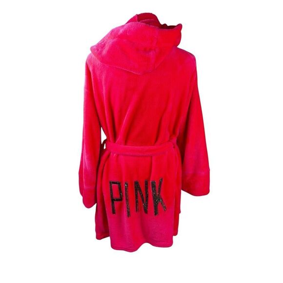 VICTORIAS SECRET PINK GOLD SEQUIN PLUSH SHORT HOODED ROBE M/L NEON PINK COZY - Picture 4 of 6